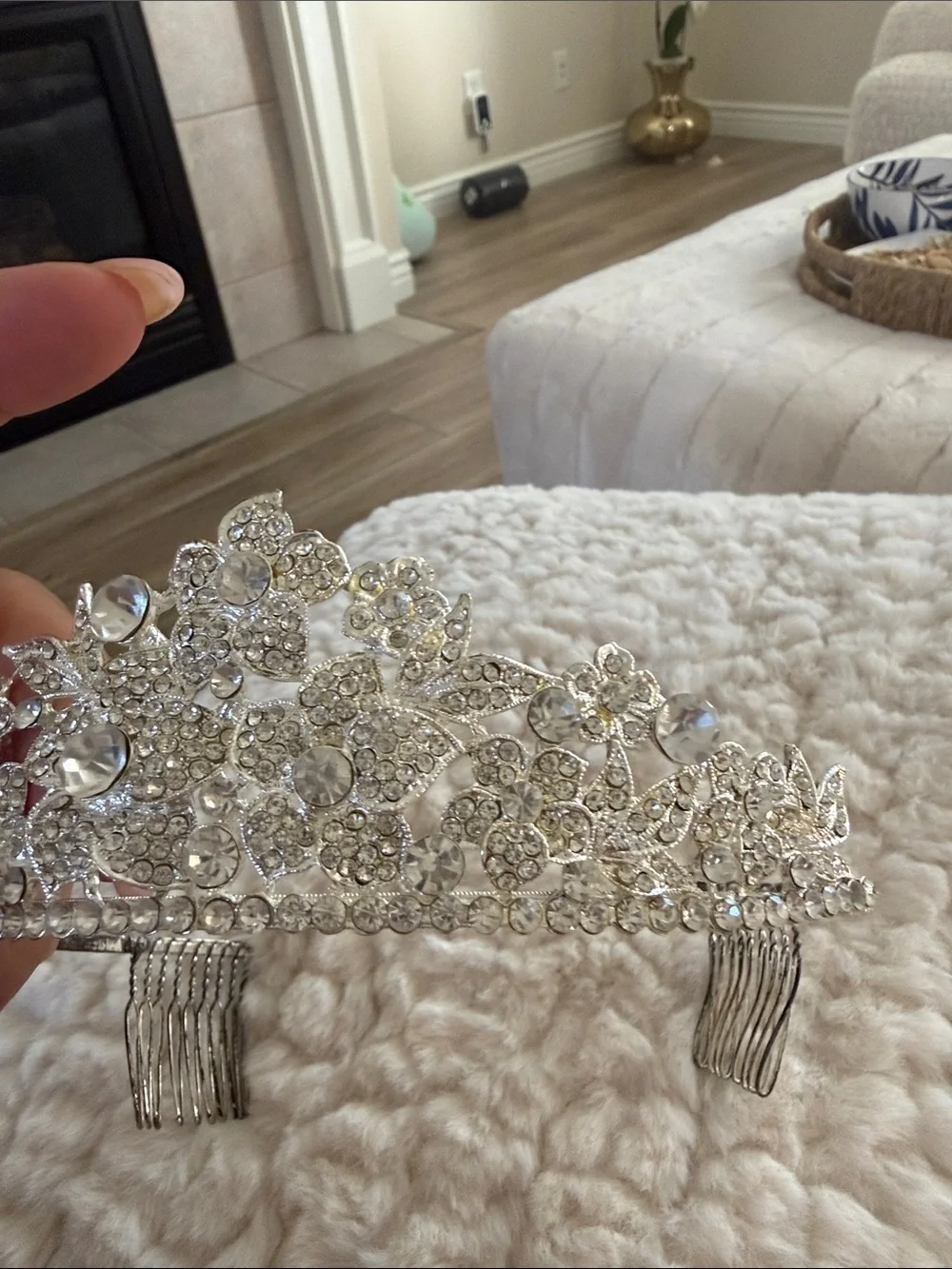 Silver Floral Crystal Tiara Headpiece for Women